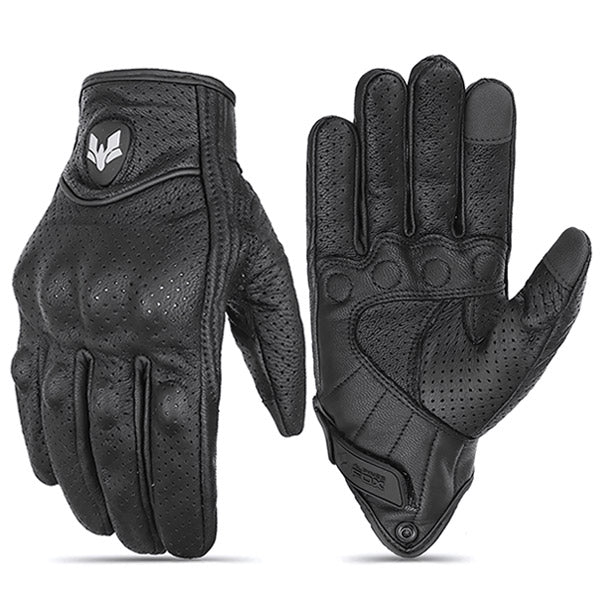 Black Perforated Leather Riding Glove with Knuckle Protection