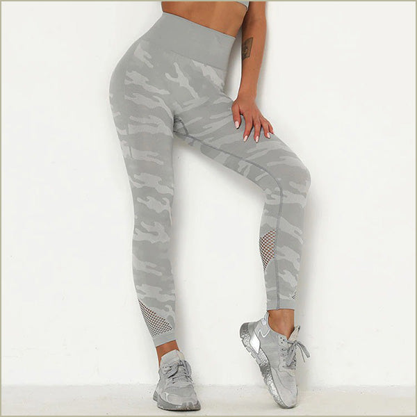 High-Waisted Light Grey Camo Leggings with Mesh