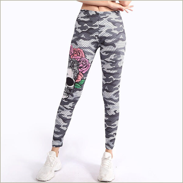 Women's Grey Camo Leggings with Skull Rose Print