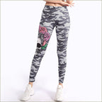 Women's Grey Camo Leggings with Skull Rose Print