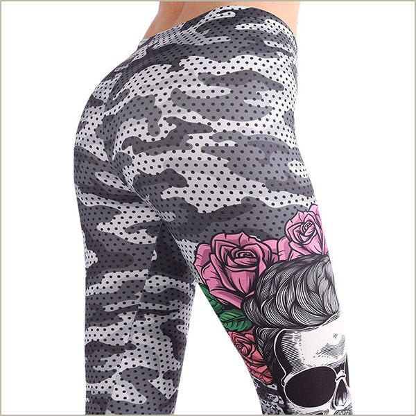 Women's Grey Camo Leggings with Skull Rose Print