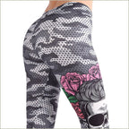 Women's Grey Camo Leggings with Skull Rose Print