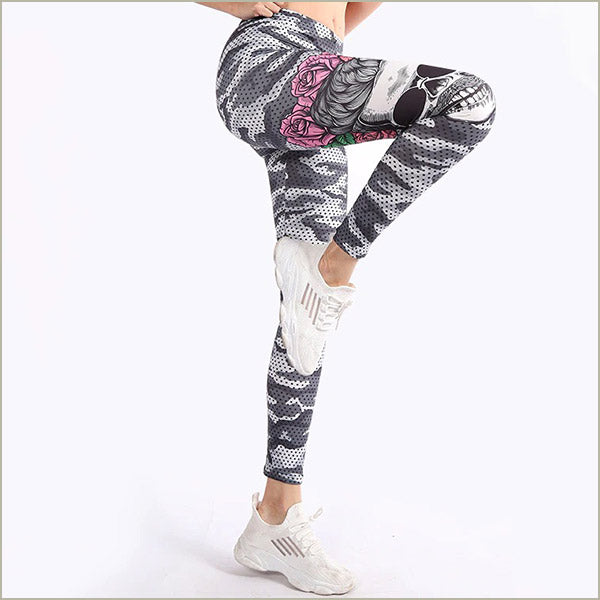Women's Grey Camo Leggings with Skull Rose Print