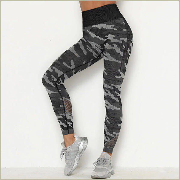 Women's Grey Camo Seamless Workout Leggings with Mesh