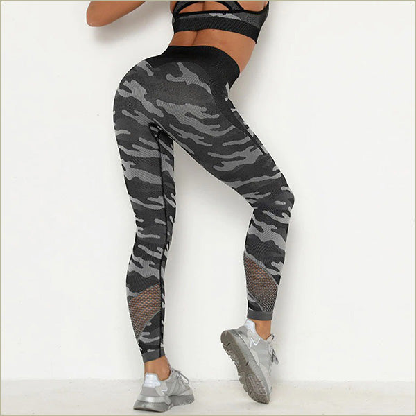 Women's Grey Camo Seamless Workout Leggings with Mesh