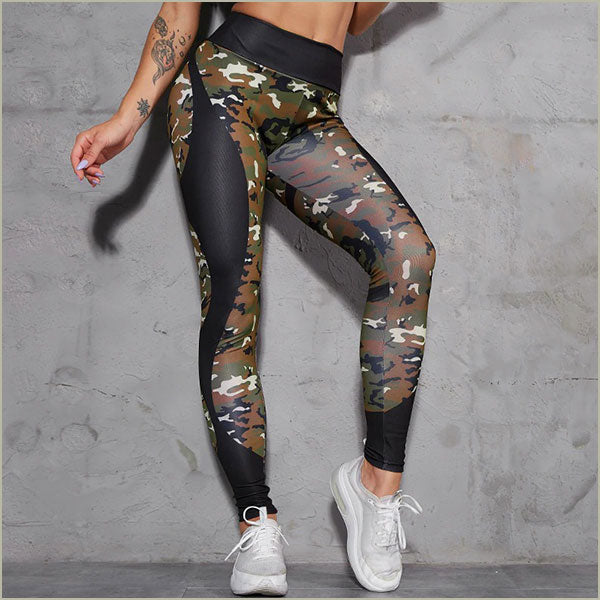 High Waisted Camo Leggings with Black Mesh