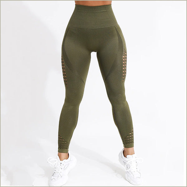 Olive Green Seamless Leggings with Perforated Detail