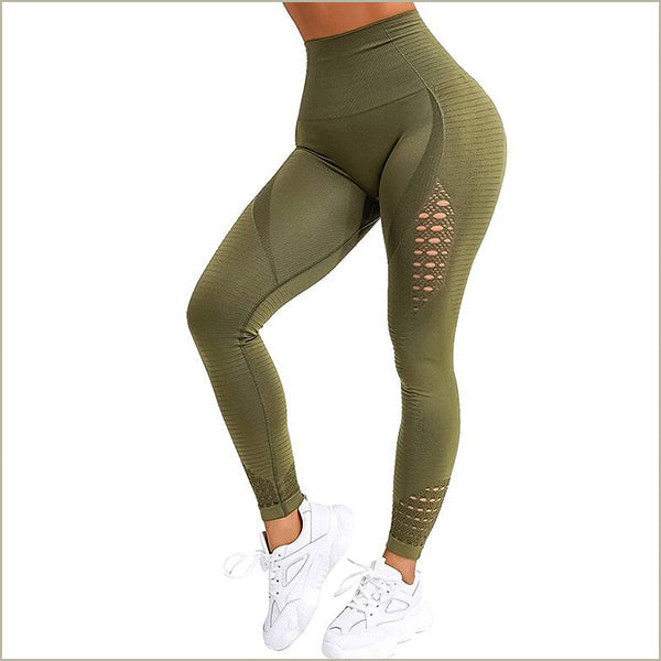 Olive Green Seamless Leggings with Perforated Detail