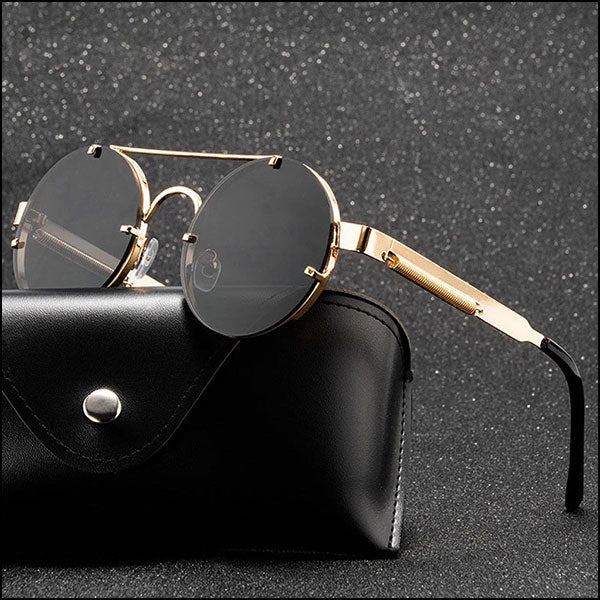 Gold-tone Steampunk Round Sunglasses with Zipper Temples