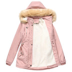 Women's Pink Padded Parka with Faux Fur Hood