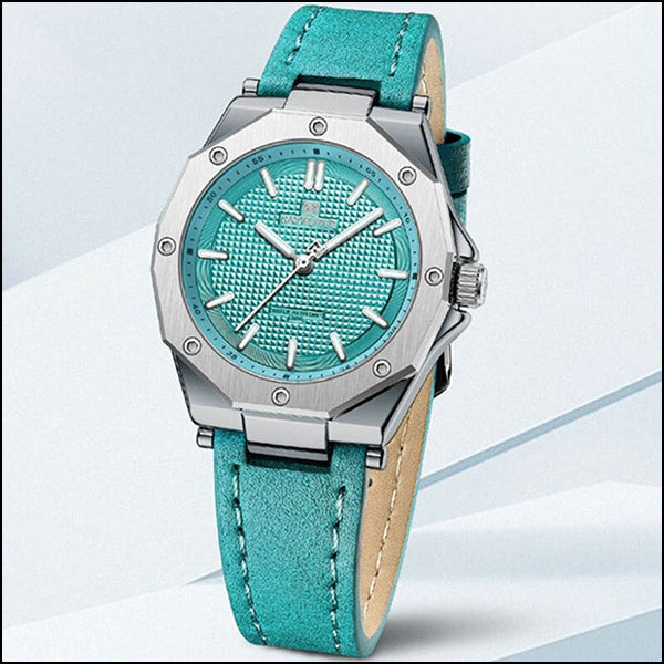 Teal Octagonal Watch with Textured Dial and Leather Strap