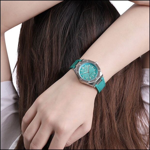 Teal Octagonal Watch with Textured Dial and Leather Strap