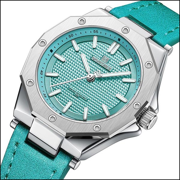 Teal Octagonal Watch with Textured Dial and Leather Strap