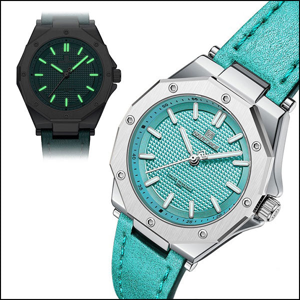 Teal Octagonal Watch with Textured Dial and Leather Strap