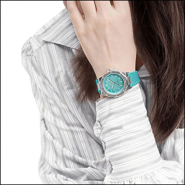 Teal Octagonal Watch with Textured Dial and Leather Strap