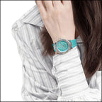 Teal Octagonal Watch with Textured Dial and Leather Strap