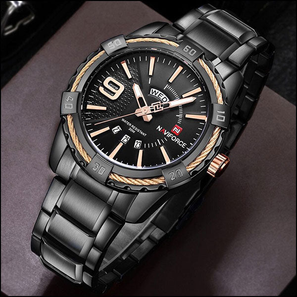 Men's Black Metal Watch with Rose Gold Day-Date