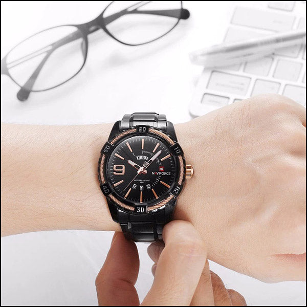 Men's Black Metal Watch with Rose Gold Day-Date