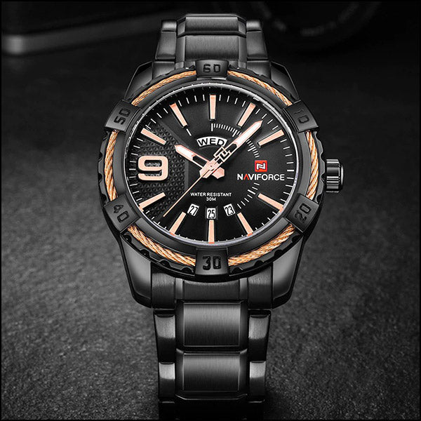 Men's Black Metal Watch with Rose Gold Day-Date