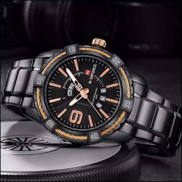 Men's Black Metal Watch with Rose Gold Day-Date