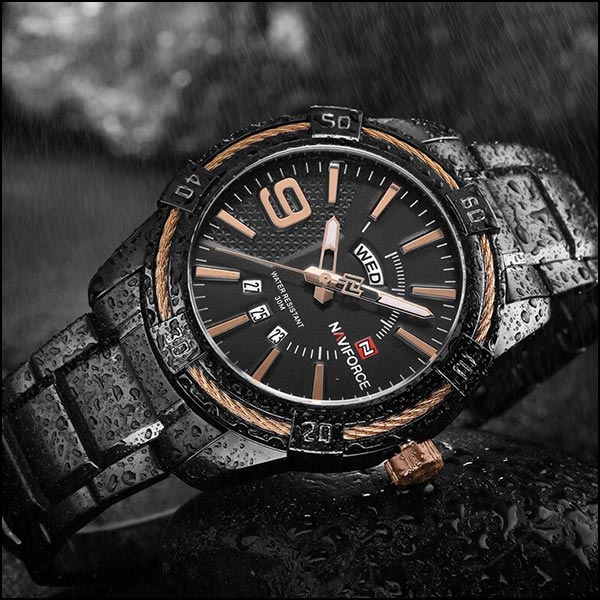 Men's Black Metal Watch with Rose Gold Day-Date