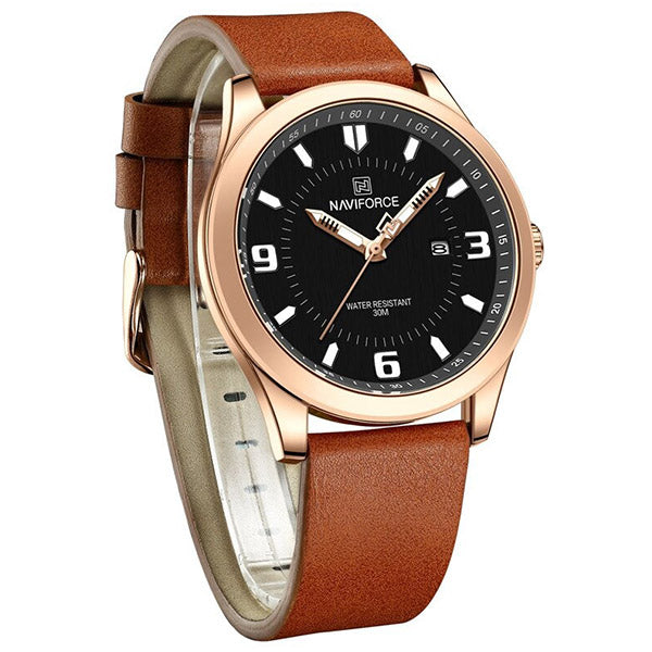 Men's Rose Gold Case Black Dial Watch with Brown Strap