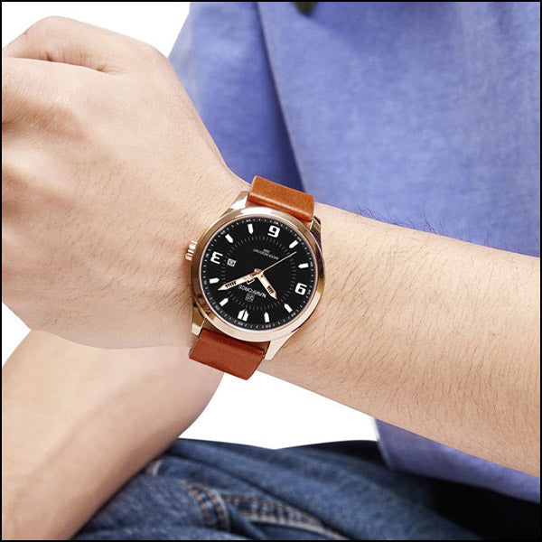 Men's Rose Gold Case Black Dial Watch with Brown Strap