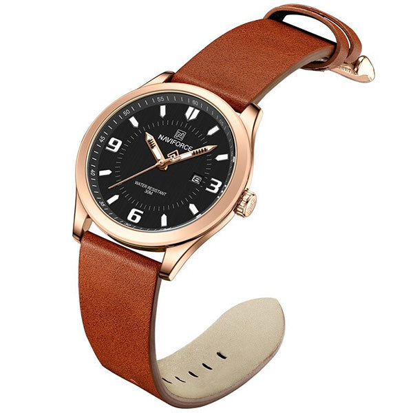 Men's Rose Gold Case Black Dial Watch with Brown Strap