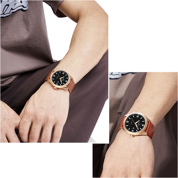 Men's Rose Gold Case Black Dial Watch with Brown Strap