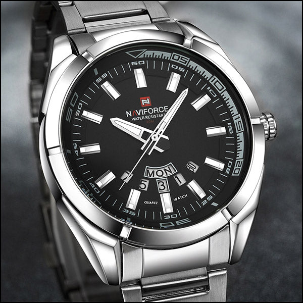 Men's Stainless Steel Black Dial Day Date Watch