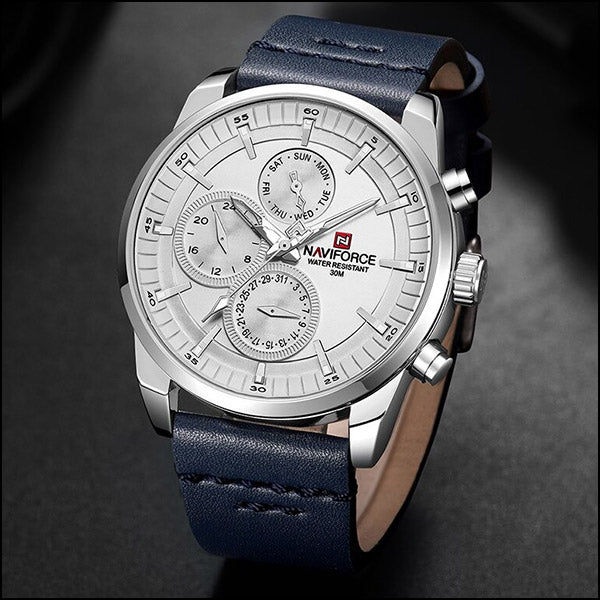 Men's Silver-Tone Multi-Dial Watch, Navy Leather Strap