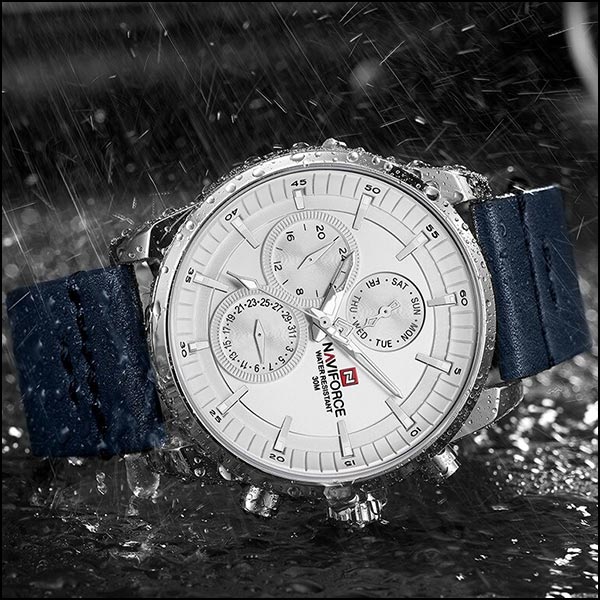 Men's Silver-Tone Multi-Dial Watch, Navy Leather Strap