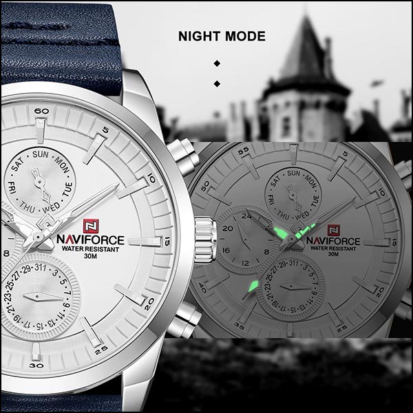 Men's Silver-Tone Multi-Dial Watch, Navy Leather Strap