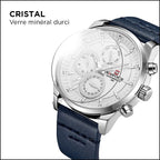 Men's Silver-Tone Multi-Dial Watch, Navy Leather Strap