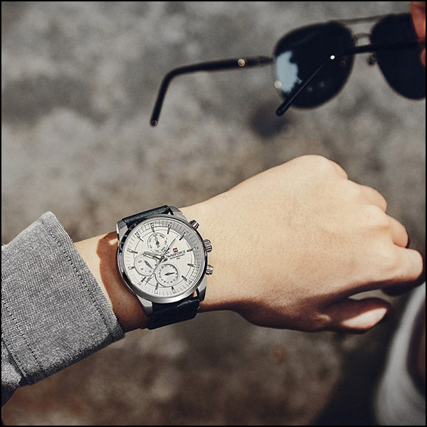 Men's Silver-Tone Multi-Dial Watch, Navy Leather Strap