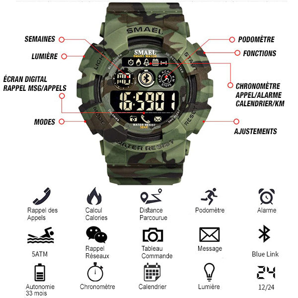Rugged Green Camouflage Bluetooth Smart Watch
