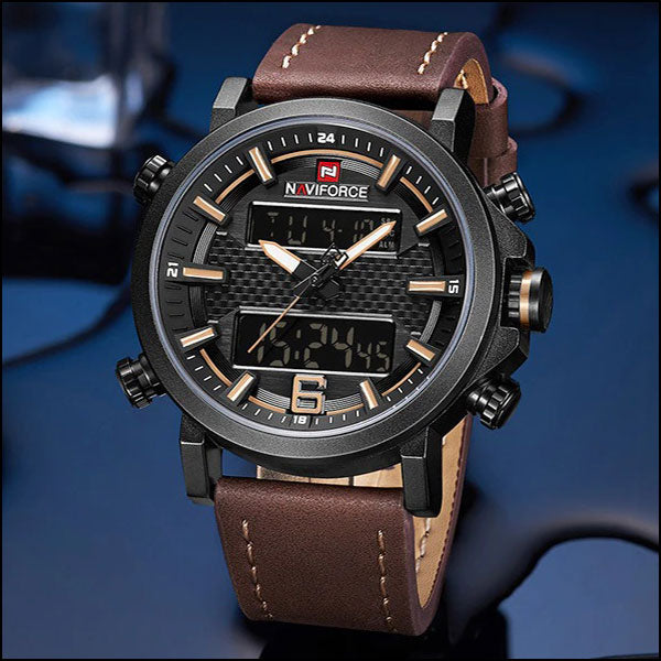 Men's Tactical Dual Display Watch with Brown Leather