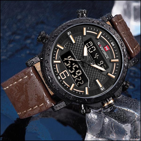 Men's Tactical Dual Display Watch with Brown Leather