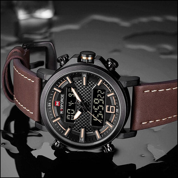 Men's Tactical Dual Display Watch with Brown Leather
