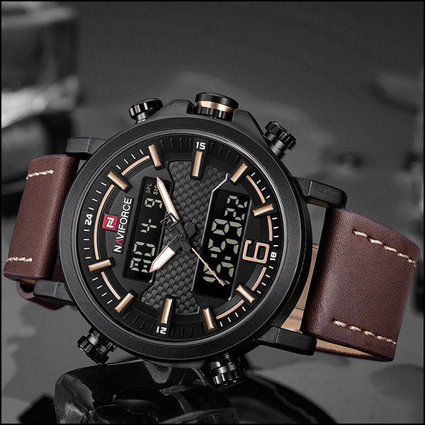 Men's Tactical Dual Display Watch with Brown Leather