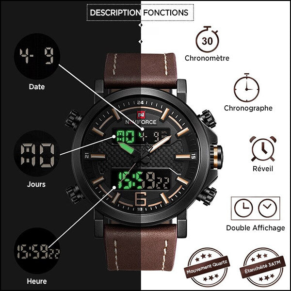 Men's Tactical Dual Display Watch with Brown Leather