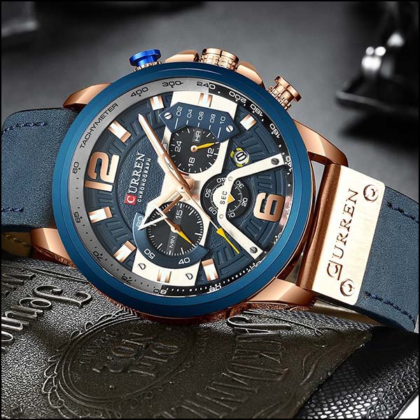 Men's Blue Leather-Look Chronograph Watch with Rose Gold