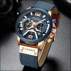 Men's Blue Leather-Look Chronograph Watch with Rose Gold