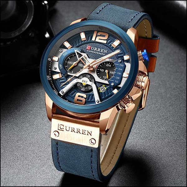 Men's Blue Leather-Look Chronograph Watch with Rose Gold