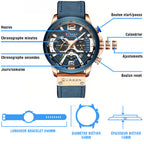 Men's Blue Leather-Look Chronograph Watch with Rose Gold