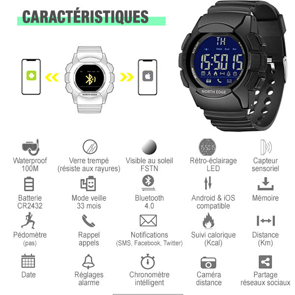 NORTH EDGE All Black Rugged Digital Sport Watch