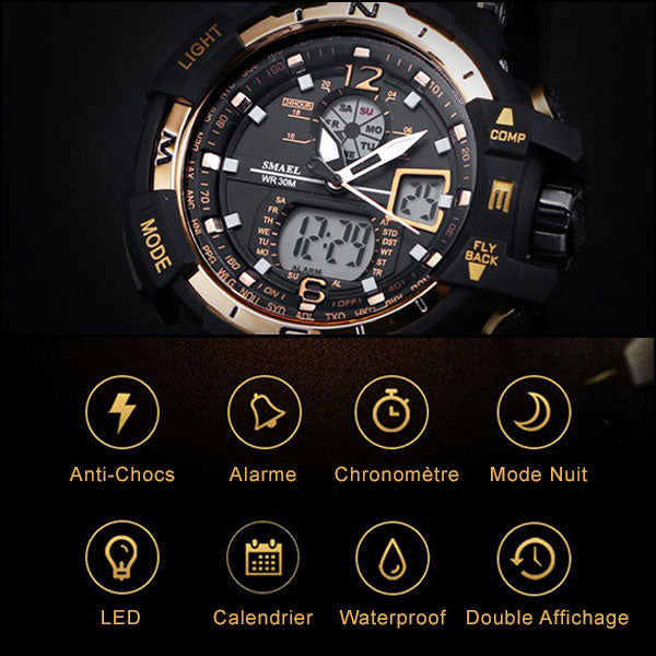 Men's Black and Gold-Tone Dual Display Sport Watch