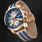 Men's Rose Gold Chronograph Watch with Blue Mesh Strap