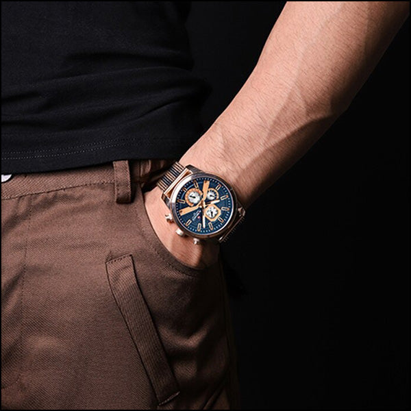 Men's Rose Gold Chronograph Watch with Blue Mesh Strap