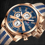 Men's Rose Gold Chronograph Watch with Blue Mesh Strap